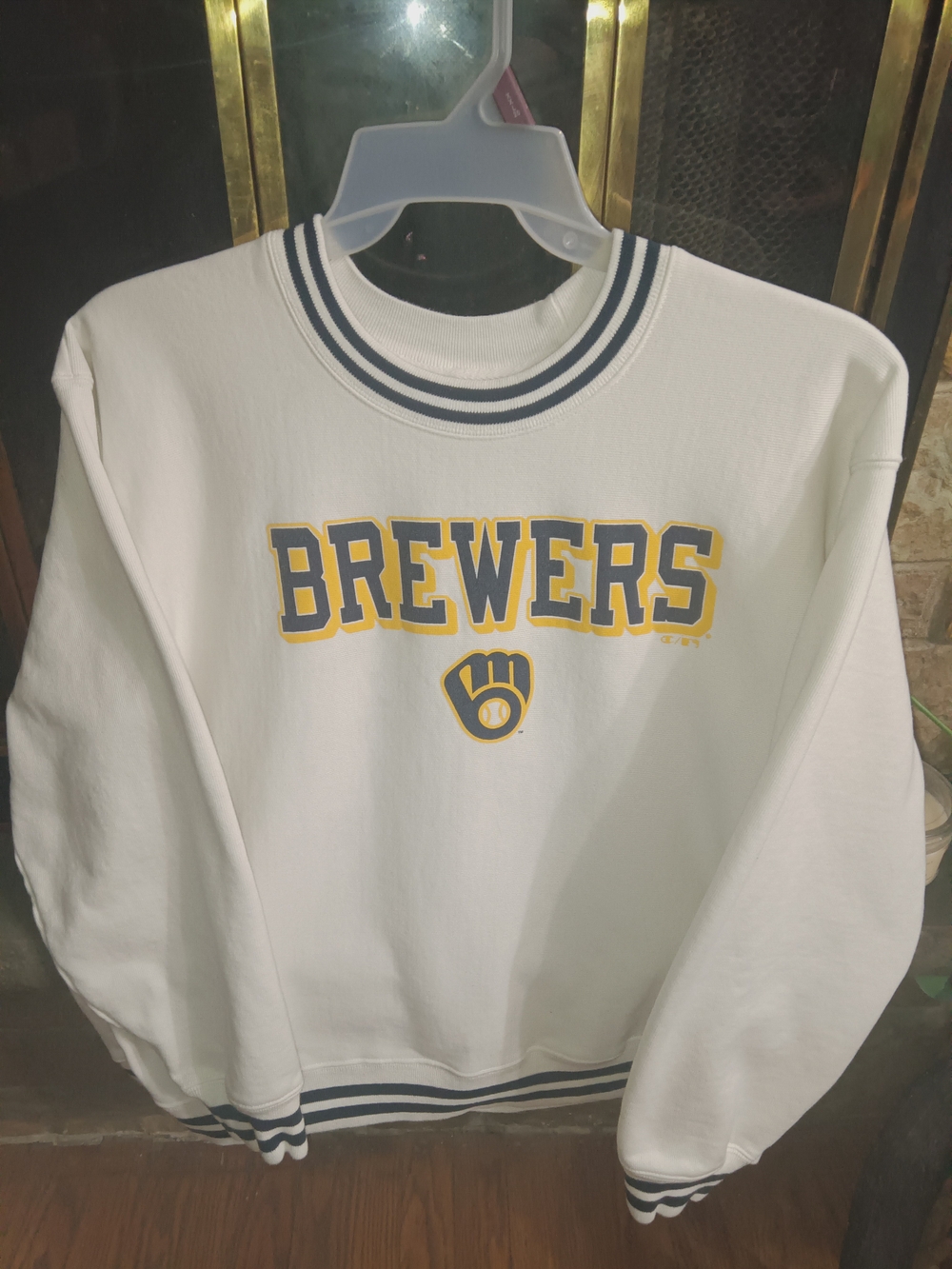 Champion White Brewers Crewneck with Navy and Gold Trim